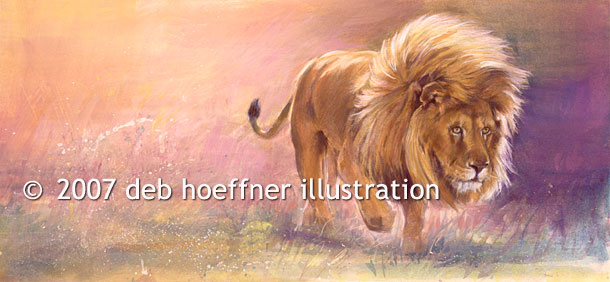 book and magazine art of a lion's walk in watercolor and pastel illustration