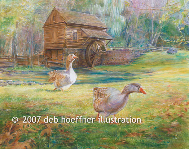 impressionistic watercolor painting of farm animal scene editorial art