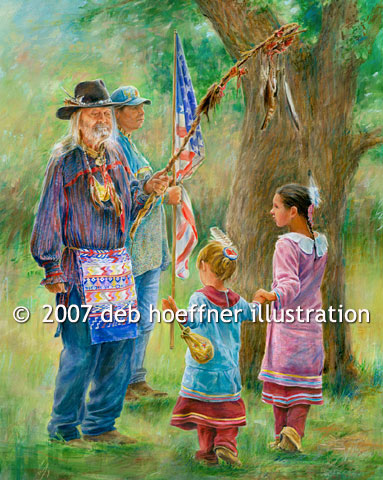 colorful and painterly, portraits of people, logo illustration, hunting legacy, grandfather and son